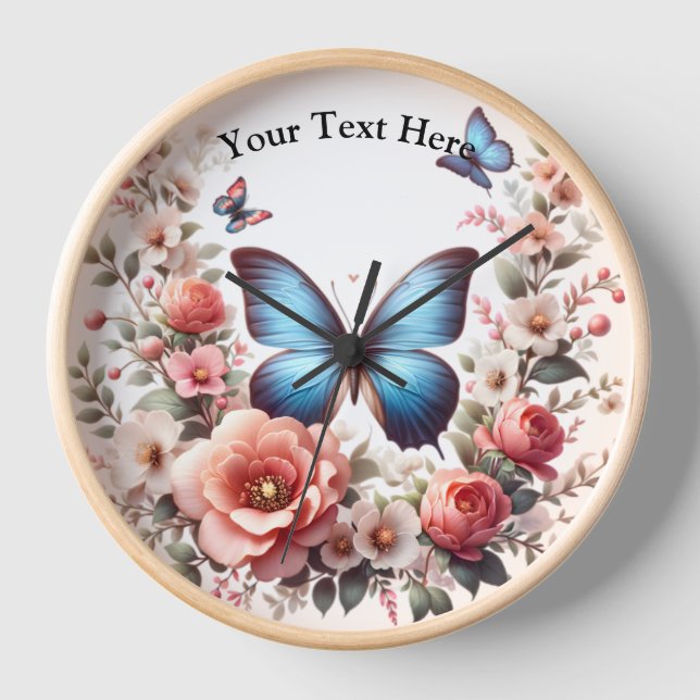 Customizable Blue Butterfly Floral Art-96279 Clock (Front)