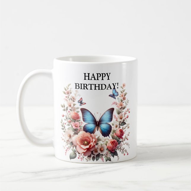 Customizable Blue Butterfly Floral Art-96279 Coffee Mug (Left)
