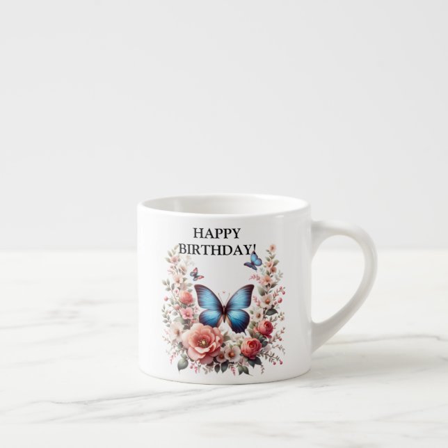 Customizable Blue Butterfly Floral Art-96279 Espresso Cup (Right)