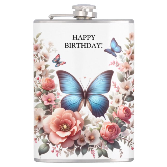 Customizable Blue Butterfly Floral Art-96279 Flask (Front)