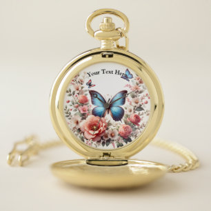 Customizable Blue Butterfly Floral Art-96279 Pocket Watch