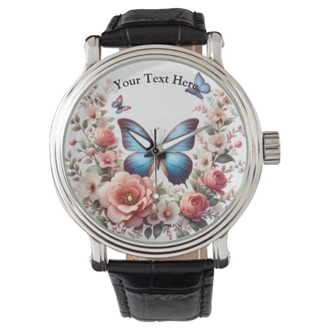 Customizable Blue Butterfly Floral Art-96279 Watch (Front)