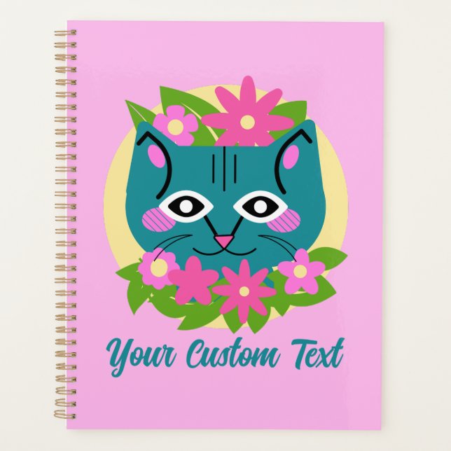 Customizable Blue Cat with Pink Flowers Planner (Front)