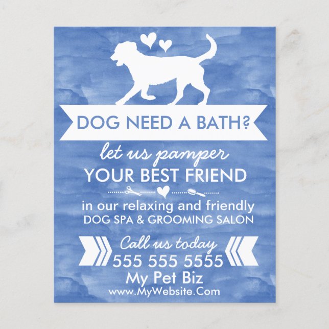 Customizable Blue Dog Grooming Flyer Watercolor (Front)