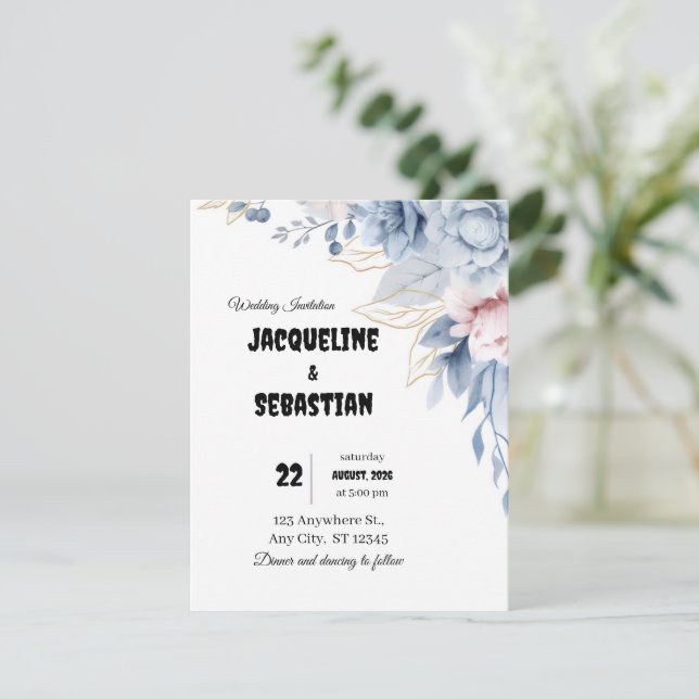 Customizable Blue Floral Wedding Invitation (Standing Front)