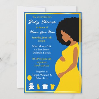 Customizable Blue Gold | Pregnant Downloadable Invitation by WhizCreations at Zazzle