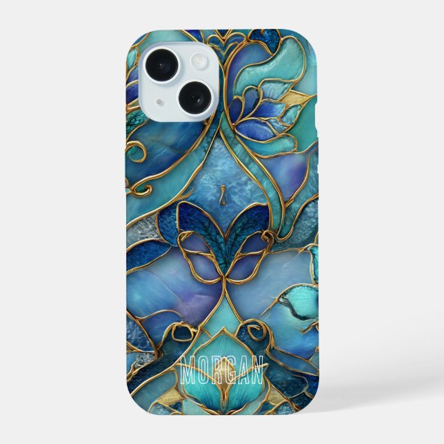 Customizable Blue & Green Stained Glass Pattern iPhone 15 Case (Back)