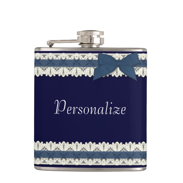 Customizable blue lace ribbon bow flask (Front)