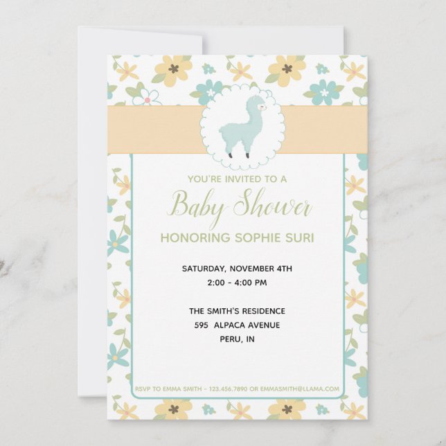 Customizable Blue Little Llama Baby Shower Invite (Front)
