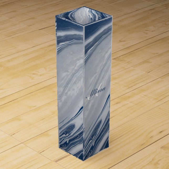 Customizable blue marble monogram and name wine box (Front)