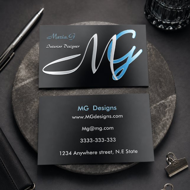 Customizable Blue Monogram  Foil Spot Gloss Business Cards (Customizable Blue Monogram Foil Spot Gloss Business Cards)