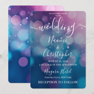Customizable Blue Pink Bokeh Wedding Invitation