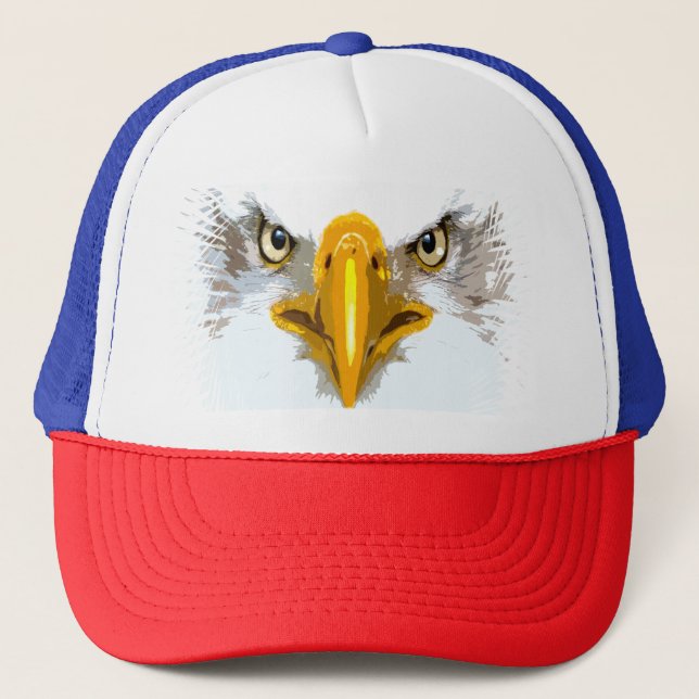 Customizable Blue Red White Eagle Head Pop Art Trucker Hat (Front)