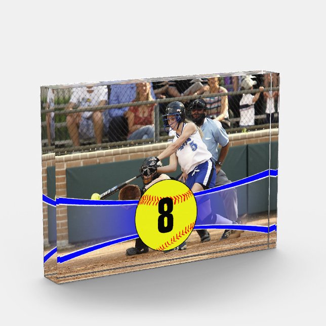 Customizable Blue Softball Photo Cube Block (Left)