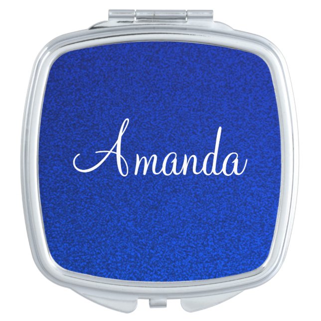 Customizable blue sparkly glitter compact mirror (Front)