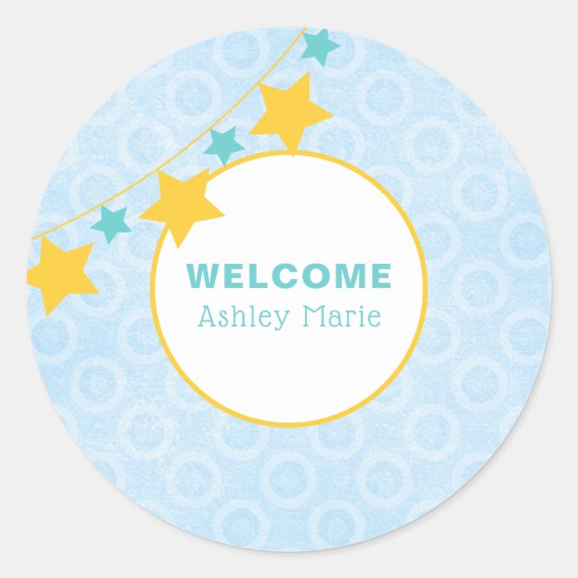 Customizable Blue Star Welcome Baby Classic Round Sticker (Front)
