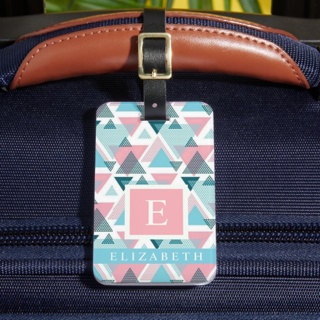 Customizable Blue White Pink Triangle Geometric Luggage Tag (Front Insitu 2)