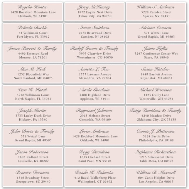 Customizable blush wedding guest address sticker (Front)