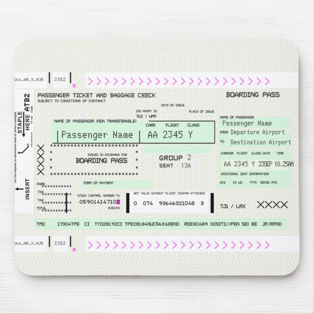 Customizable Boarding Pass Airline Ticket Mouse Pad (Front)