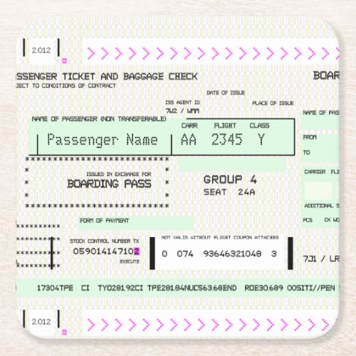 Customizable Boarding Pass Square Paper Coaster