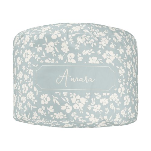 Customizable Boho Floral Pouf  Blue and White