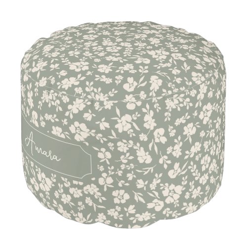 Customizable Boho Floral Pouf  Green and White