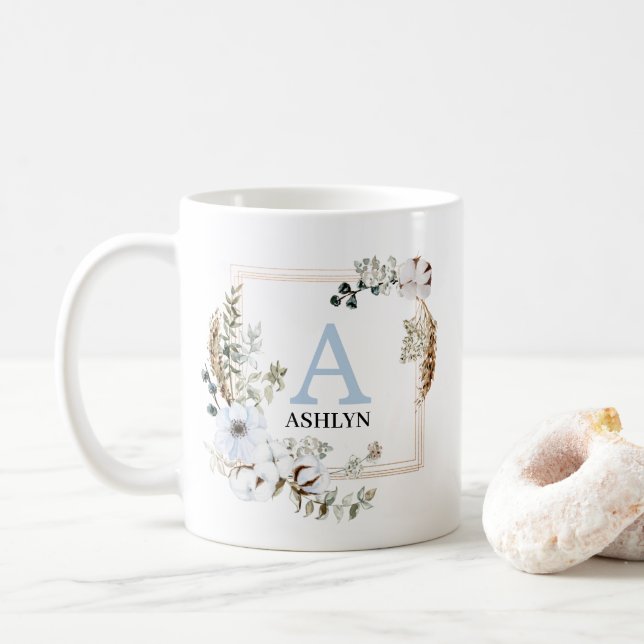 Customizable Boho Winter Floral Monogrammed Mug (With Donut)