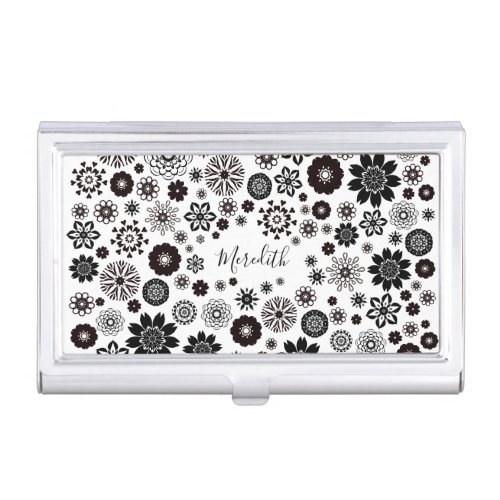 Customizable Bold Girly Black White Floral Pattern Business Card Case