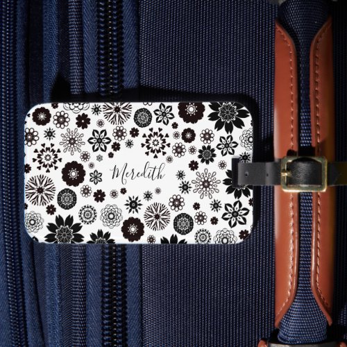 Customizable Bold Girly Black White Floral Pattern Luggage Tag