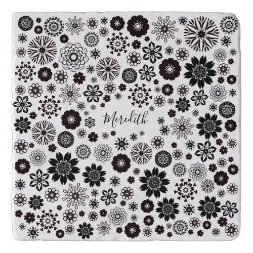 Customizable Bold Girly Black White Floral Pattern Trivet