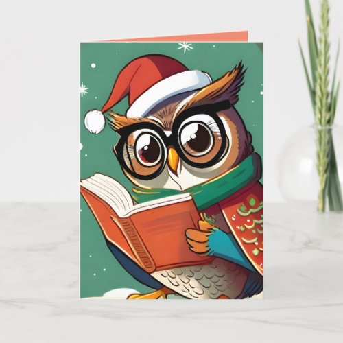 Customizable BOOK LOVER Christmas Card Owl