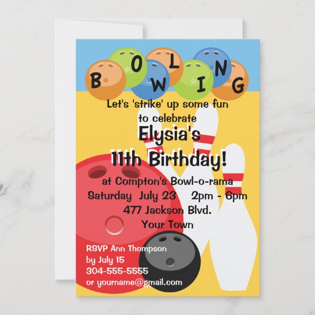 Customizable Bowling Birthday Party Invitation (Front)
