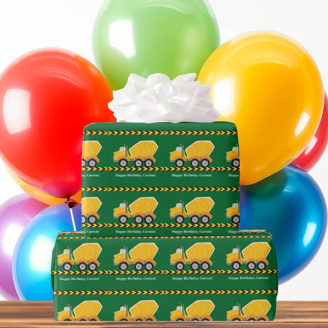 Customizable Boys Birthday Green Yellow Truck Wrapping Paper (Creator Uploaded)