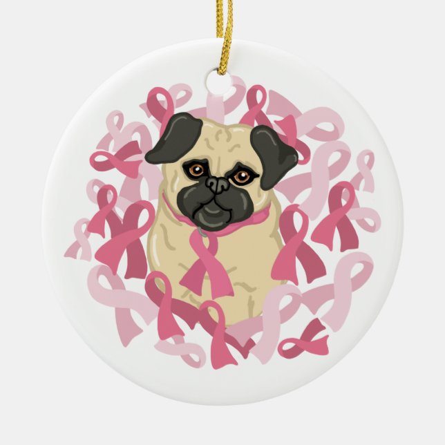 Customizable Breast Cancer Awareness Pug Ceramic Ornament (Front)