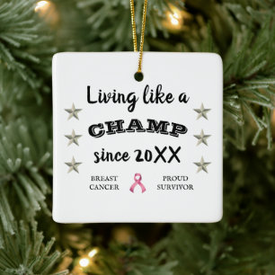 Customizable Breast Cancer Survivor silver stars Ceramic Ornament