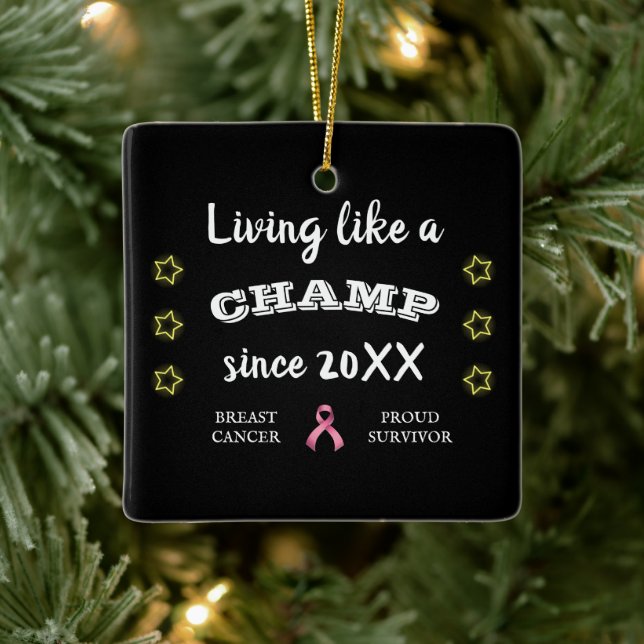 Customizable Breast Cancer Survivor yellow stars Ceramic Ornament (Tree)