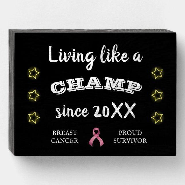 Customizable Breast Cancer Survivor yellow stars Wooden Box Sign (Front Horizontal)