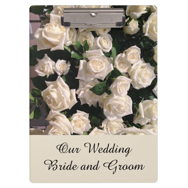 Customizable Bride and Groom White Roses Wedding Clipboard (Front)