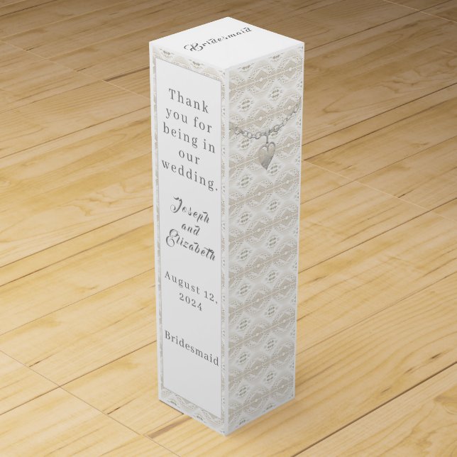 Customizable Bridesmaid Faux-Lace and Heart Wine Box (Front)