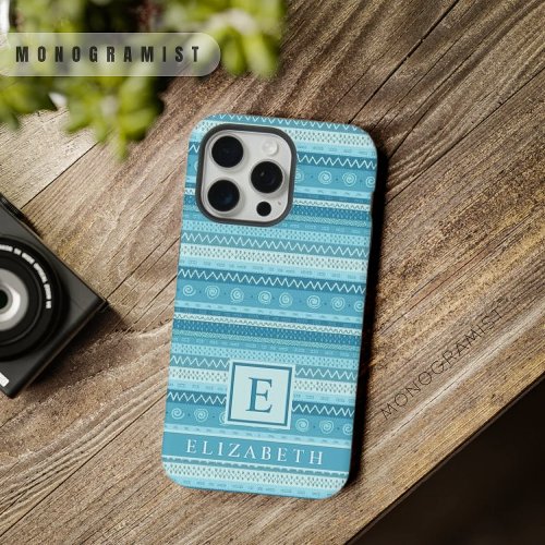 Customizable Bright Turquoise Blue White  Aztec  iPhone 15 Pro Max Case