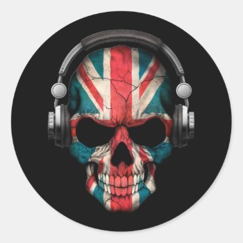 Customizable British Dj Skull With Headphones Classic Round Sticker by UniqueFlags at Zazzle