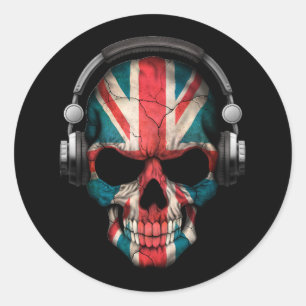 Customizable British Dj Skull with Headphones Classic Round Sticker