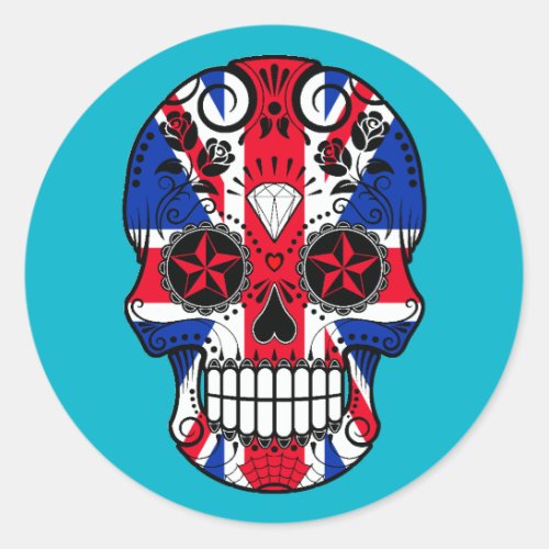 Customizable British Flag Sugar Skull with Roses Classic Round Sticker