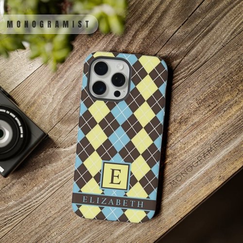 Customizable Brown Yellow Blue Argyle Pattern iPhone 15 Pro Max Case