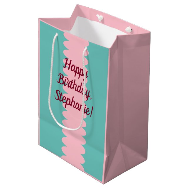 Customizable, bubblegum pink, teal, pretty medium gift bag (Front Angled)