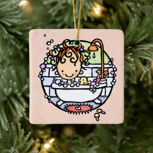 Customizable Bubbly Bath Time Cute Girl in Tub Ceramic Ornament