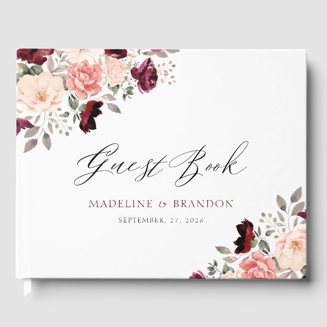 Customizable Burgundy Blush Floral Wedding Guest Book (Front)