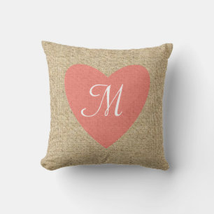 Customizable burlap pink heart monogram pillow