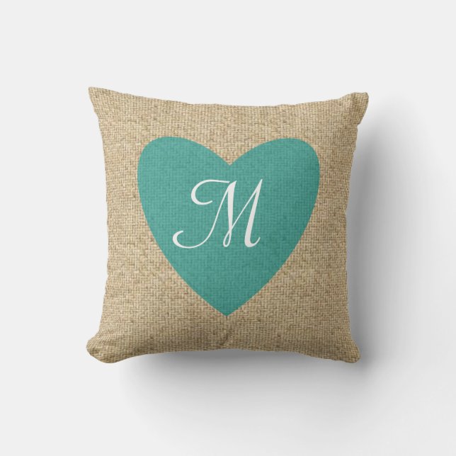 Customizable burlap teal heart monogram pillow (Front)