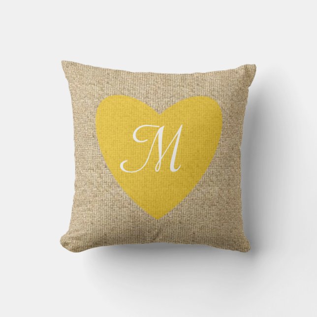 Customizable burlap yellow heart monogram pillow (Front)
